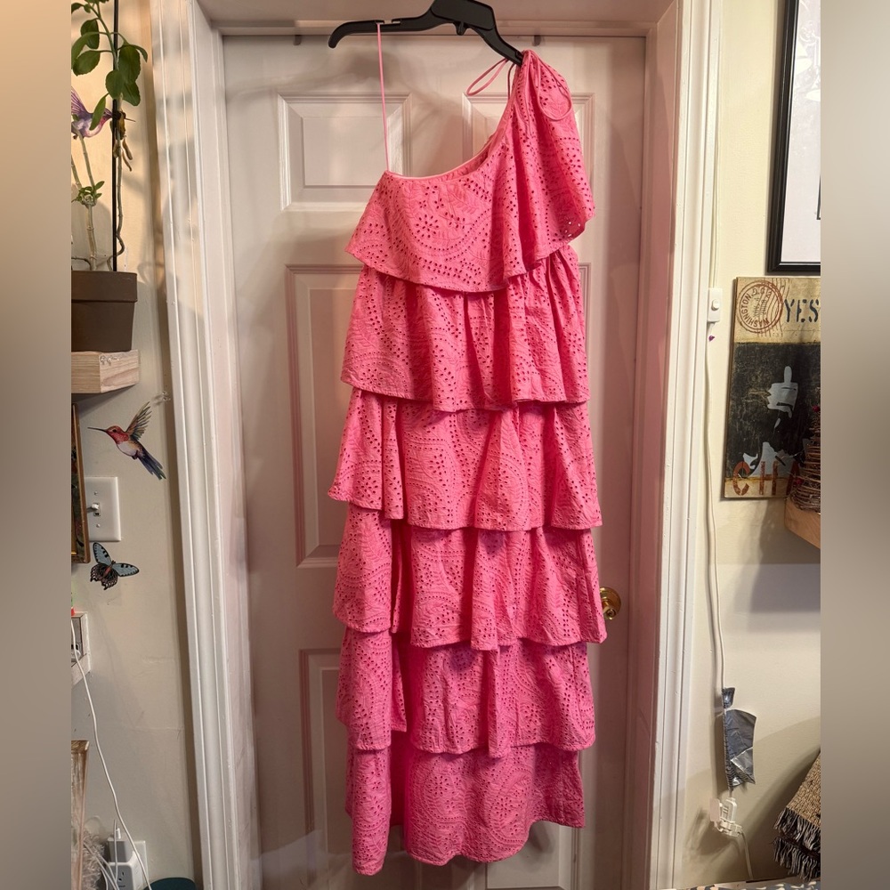 Chic One-Shoulder Pink Ruffle Dress - Picture 7 of 9